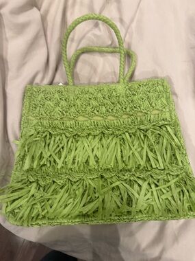 Green Woven Fringe Tote Bag